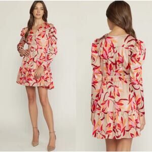 Entro women's v neck long sleeve floral tan orange red mini dress size Small NEW